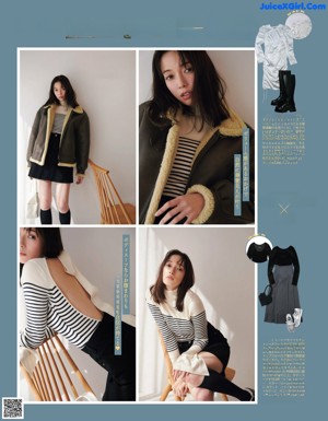 A woman in a gray coat and orange sweater is posing for a magazine.